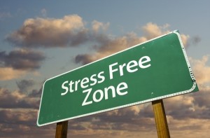 Stress Free Zone Green Road Sign In Front of Dramatic Clouds and Sky.